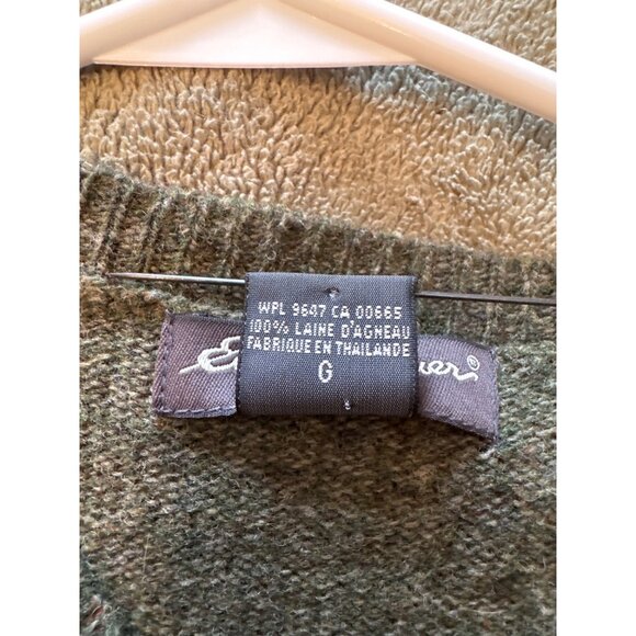 Eddie Bauer Mens Green Sweater L Crewneck Lambswool Pullover Warm Soft FLAW - Picture 7 of 8